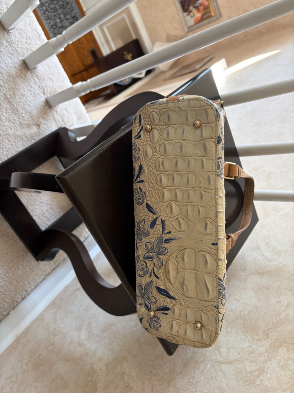 Floral Embossed Croc-Texture Tote with Tassel Charm - Cream & Navy - Picture 3 of 5